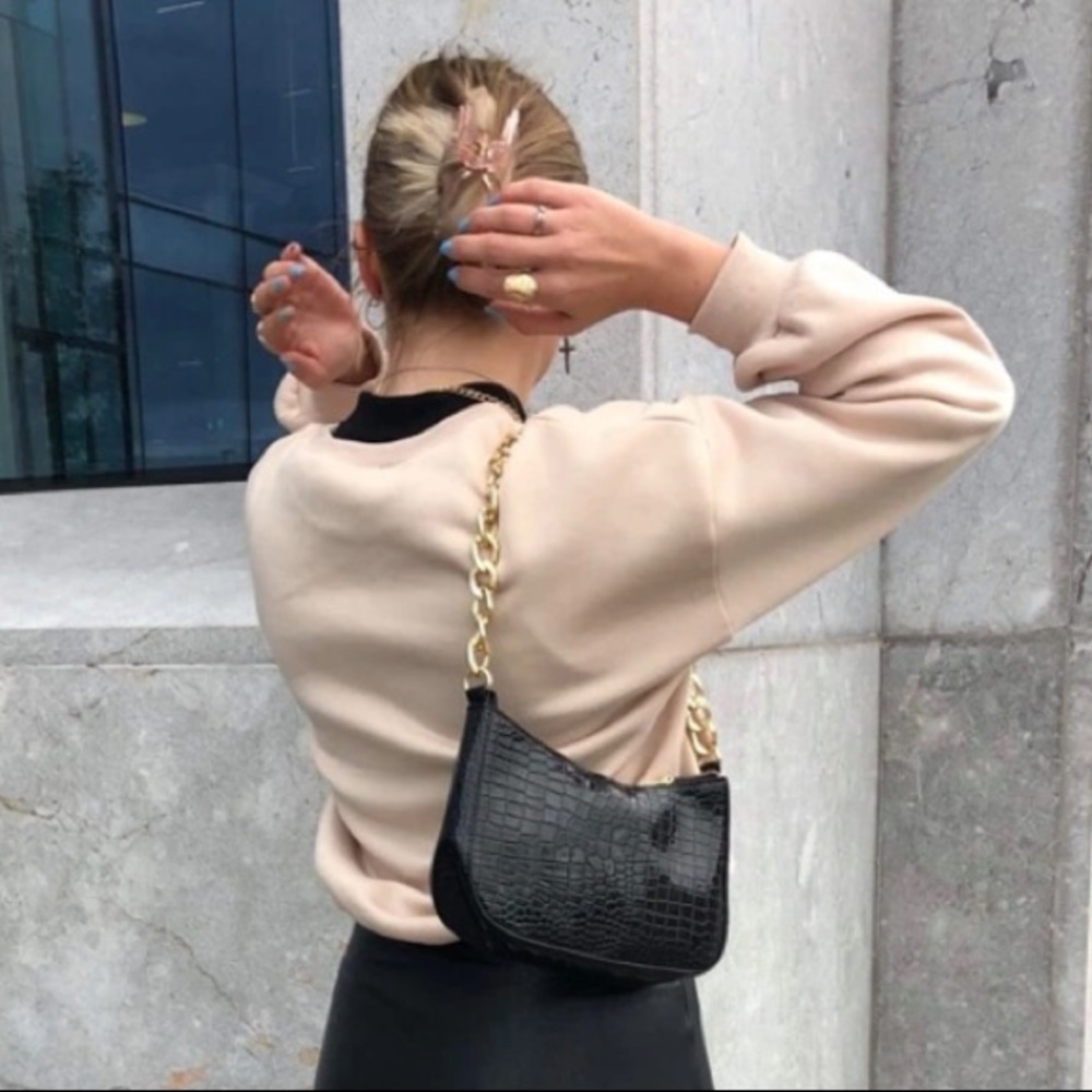Black croc purse with gold chain